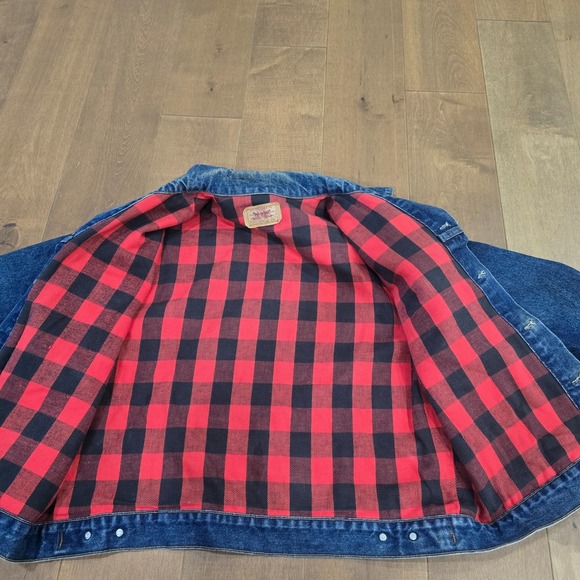 VTG 80s LEVI'S 71411 0816 Buffalo Plaid Lined Denim 48L Trucker Jacket USA - Picture 7 of 16